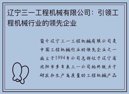 辽宁三一工程机械有限公司：引领工程机械行业的领先企业